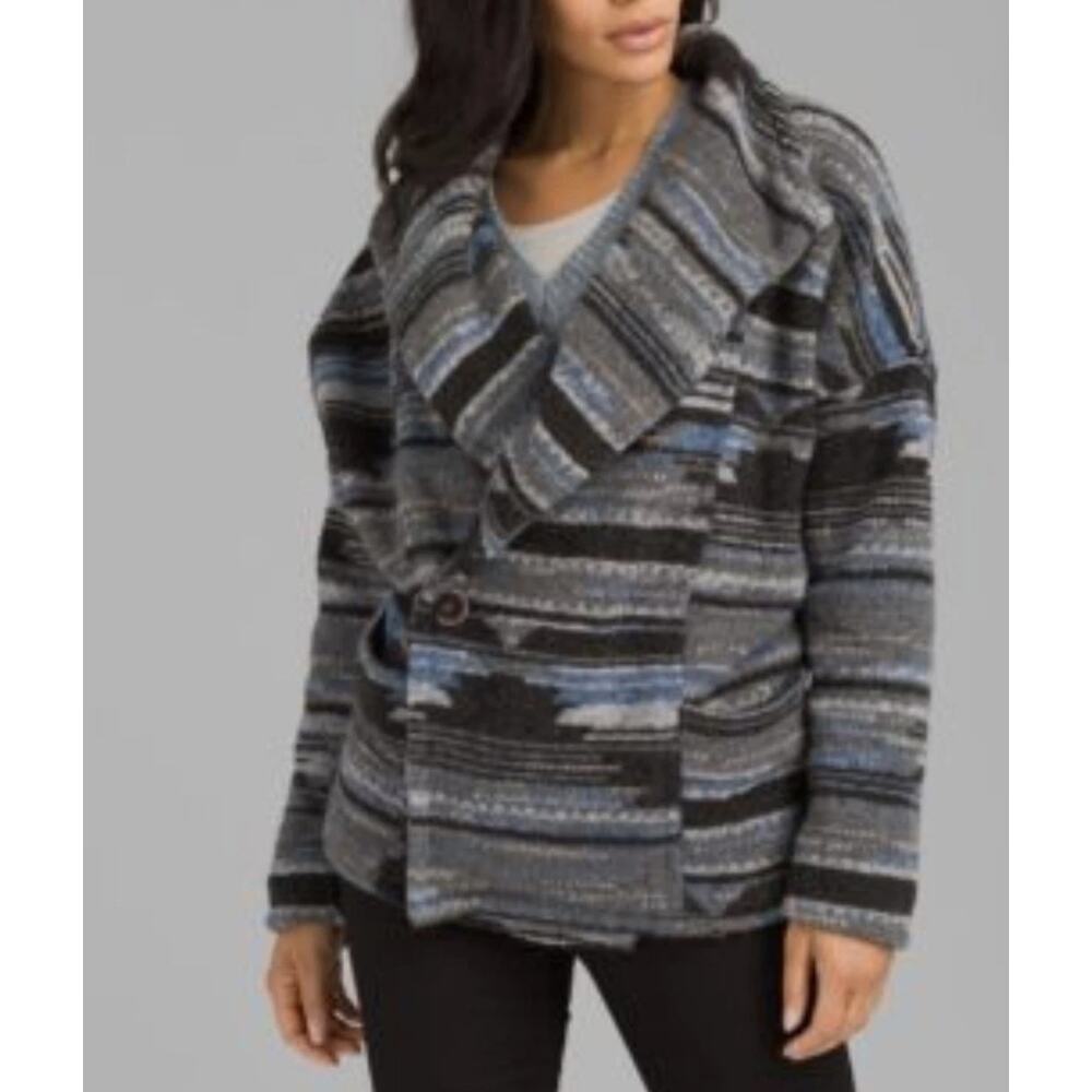 Prana Women's S Gray Blue Wool Arria Jacket Coat Tall Collar Lined Button